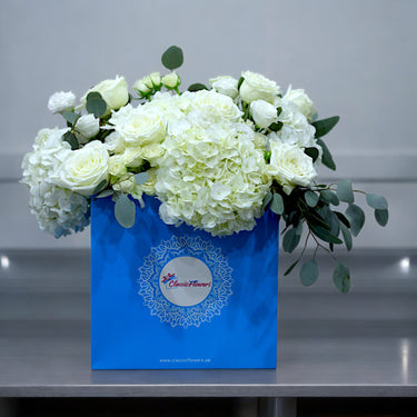“White Hydrangea and Rose Bouquet with Eucalyptus – Classic Flowers Dubai”
